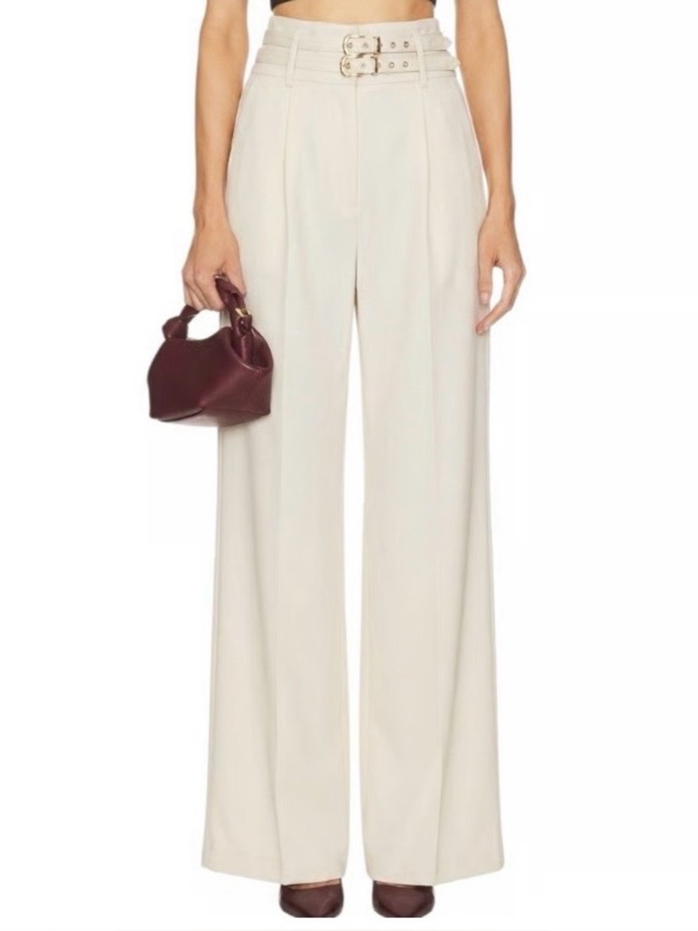 Amanda Uprichard Double-Buckle High-Waist Wide Leg Pants in Cream